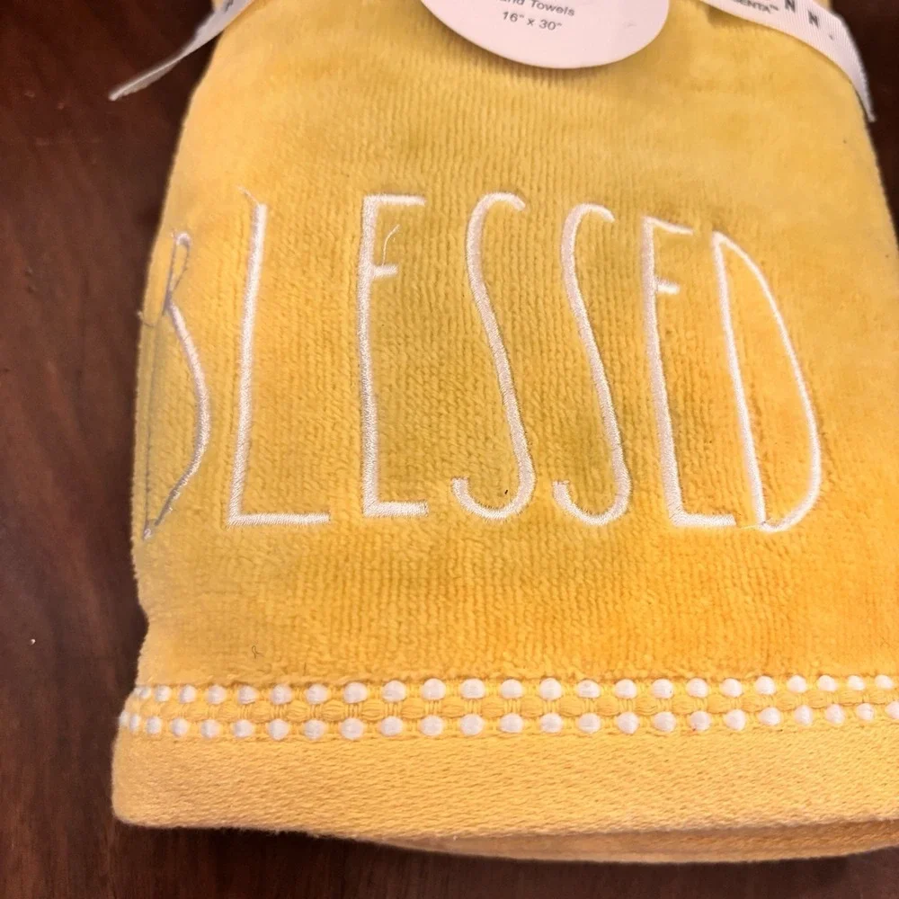 Rae Dunn Blessed Hand Towels Set of 2‎ Yellow 16x30 Embroidered NWT